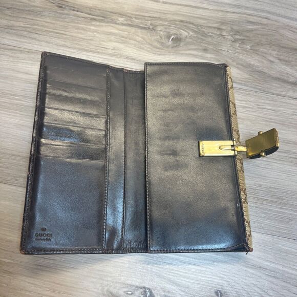 Gucci Canvas Long Wallet- Rare Brown Wood Magnet Clasp Vintage Monogram - Picture 5 of 16